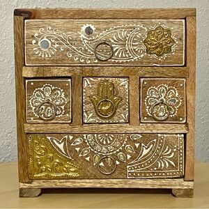 Wooden Jewelry Box with Gold and White Accents
